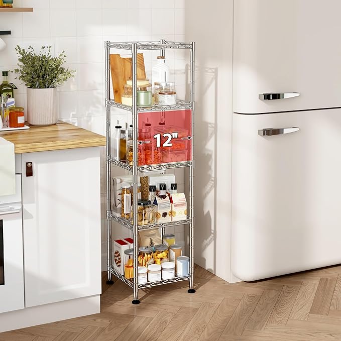 5 Shelf-Wire Shelving Metal Shelves Storage Rack:Adjustable Storage Shelves Standing Shelf Units and Narrow Shelf for Laundry Bathroom Kitchen Pantry Closet Office 12''Wx12''Dx49''H Chrome