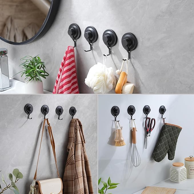YIGII Suction Cup Towel Hooks - Hanging Hooks on Glass Mirror, Shower Hooks Without Drilling Hanging Loofah, Shower Brush, Robe – Waterproof & Rustproof, Matte Black (4-Pack)