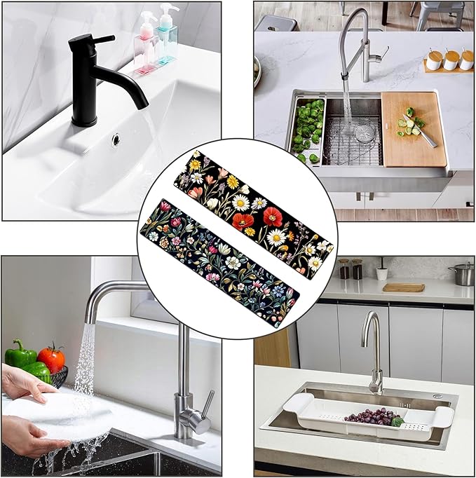 Bimkole 2 PCS Faucet Absorbent Mat, Kitchen Faucet Sink Splash Guard Wraparound Cloth Pads Drip Catcher for Sink Faucet for Kitchen Bathroom Faucet, Colorful Faucet Mat, 15 x 4 Inch Flower A1
