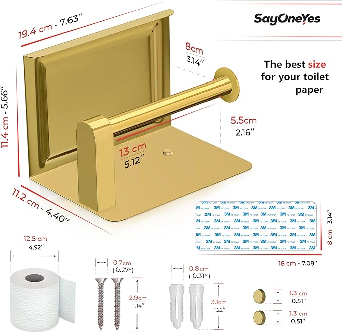 Brushed Gold Toilet Paper Holder with Shelf, SUS304 Stainless Steel Wall Mounted, Dual Installation Adhesive or Screw, Rustproof Modern Bathroom Tissue Roll Holder - 2 Pack