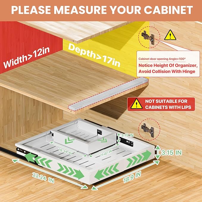 1 Pack Pull out Cabinet Organizer, Width (12"-19") Depth (17"-23"), with 3 Rails Adjustable Slide, Expandable Pullout Drawers for Cabinets, No Drill Adhesive Kitchen Drawers for Pantry Shelves