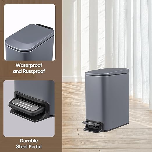 6 Liter 1.6 Gallon Small BathroomTrash Can with Soft Lid Garbage Can with Removable Inner Bucket Dust Bin Waste Bin Bathroom Garbage Can Pedal Powder Coated Metal Grey