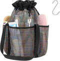 F-color Mesh Shower Caddy Portable with Drawstring - Tall 5 Pockets Dorm Room Essentials for Guys Girls with S Hook, Shower Bag Basket Tote for College Camping Travel Toiletry Bathroom, Black Grid