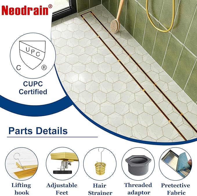 Neodrain 36-Inch Linear Shower Drain with Tile Insert Grate, Golden 304 Stainless Steel Rectangle Shower Floor Drain, Linear Drain with Leveling Feet, Hair Strainer