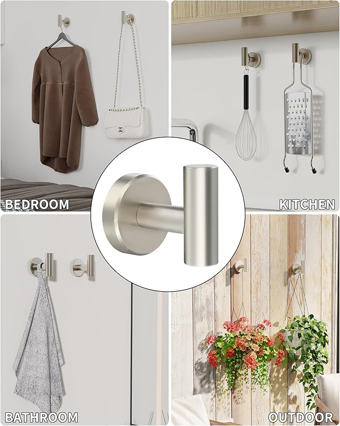 Brushed Nickel Towel Hook, Coat Robe Clothes Hook for Kitchen Garage Wall Mounted 4 Pack, 304 Stainless Steel, Heavy Duty Door Hanger, Cabinet Closet Wall Hook for Hotel Pool (Brushed Nickel)