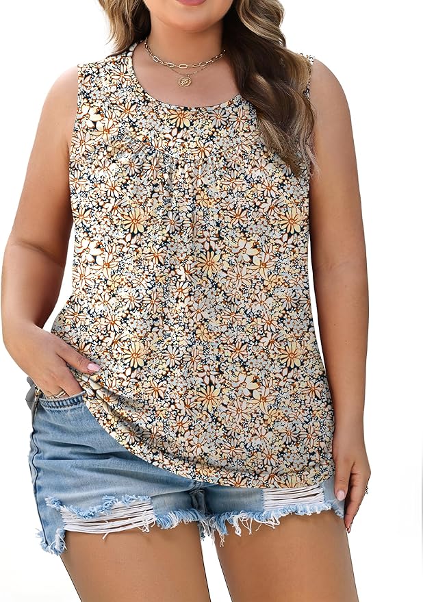 AKEWEI Womens Plus Size Tank Tops Ladies Sleeveless Summer Pleated Tops Oversized Flowy Tunics XL-5XL