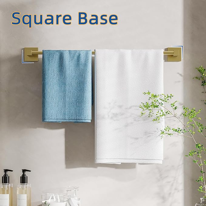 RUACQ Gold Towel Bar 24 inch, 304 Stainless Steel Towel Racks for Bathroom Wall Mounted, Heavy Duty Bath Towel Rod with Square Base（Brushed Gold）