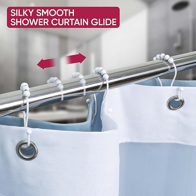 Shower Curtain Hooks Rust Proof (Set of 12) - Stainless Steel Shower Curtain Rings - Anti Slip Roller Balls for Easy Glide (Omega Double Hooks, White)