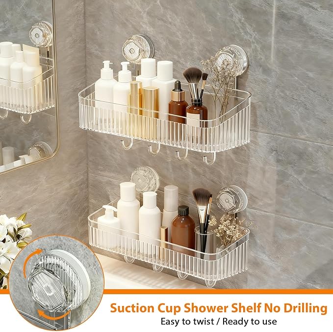 3 Pack Suction Cup Shower Caddy, Clear Shower Shelves No Drilling with Movable Hooks & Toothbrush Holder, Wall Storage Shelves for Bathroom, Kitchen