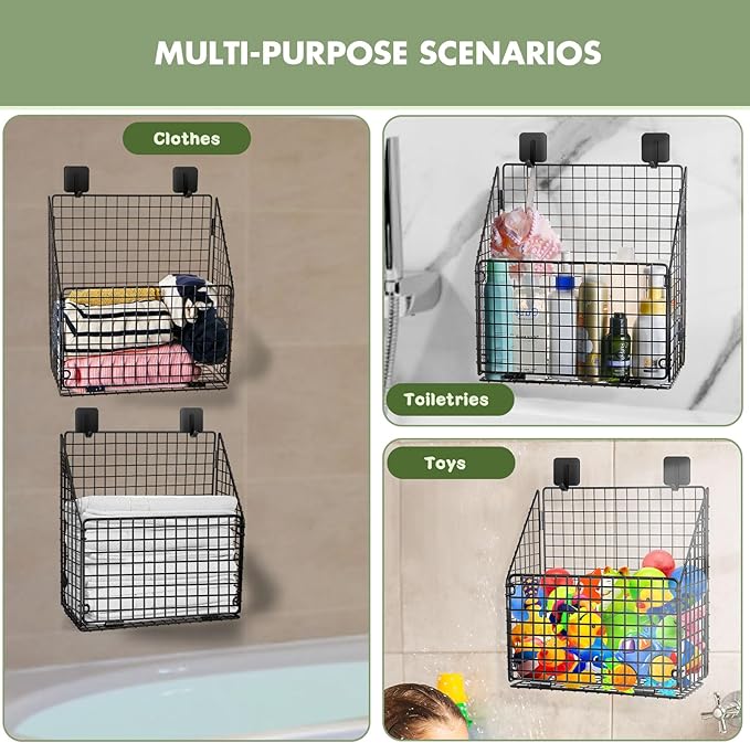 Large Bath Toy Storage, Metal Bathtub Shower Toy Holder, Foldable bath Tub Toy Organizers, Bathroom Toy Storage with Drainage for Sorting Toys/Clothes/Toiletries (2pc black)