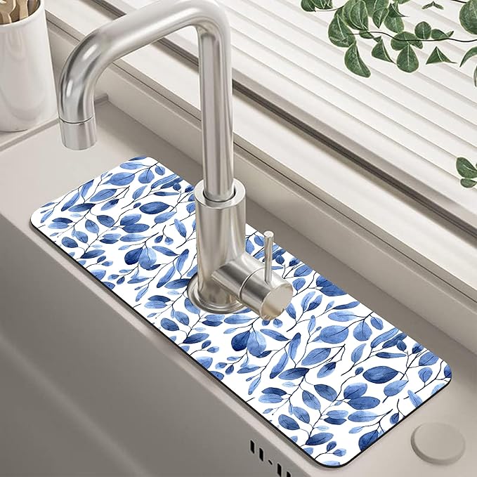 Watercolor Blue Leaves Sink Faucet Absorbing Mat Sink Splash Guard Faucet Mat Draining Mat Fast Drying Sink Protectors for Kitchen and Bathroom 5.5"×15"