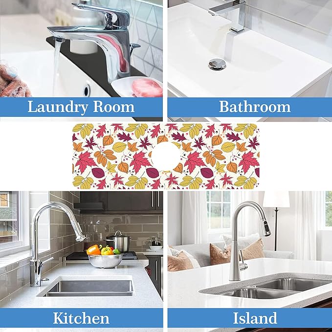 Faucet Mat Splash Guard Autumn Colorful Leave, Soft Diatom Mud Material, Strong Water Absorption, Non-slip,Easy to Clean for Bathroom, Kitchen 15"X5.5"