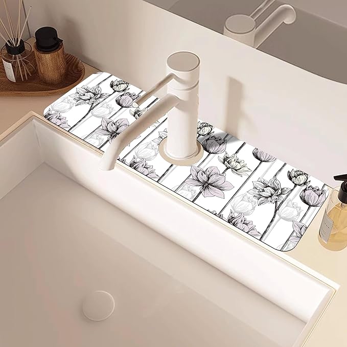Water Lily Flower Kitchen Sink Splash Guard Mat Absorbent Fast Drying Mat Faucet Draining Mat Sink Splash Guard Behind Faucet Drip Catcher for Kitchen Bathroom 5.5"×15"