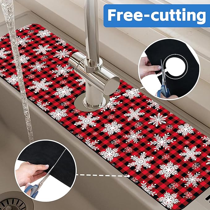 Christmas Snowflake Kitchen Sink Splash Guard Mat Buffalo Plaid Absorbent Fast Drying Mat Faucet Draining Mat Sink Splash Guard Behind Faucet Drip Catcher for Kitchen Bathroom 5.5"×24"