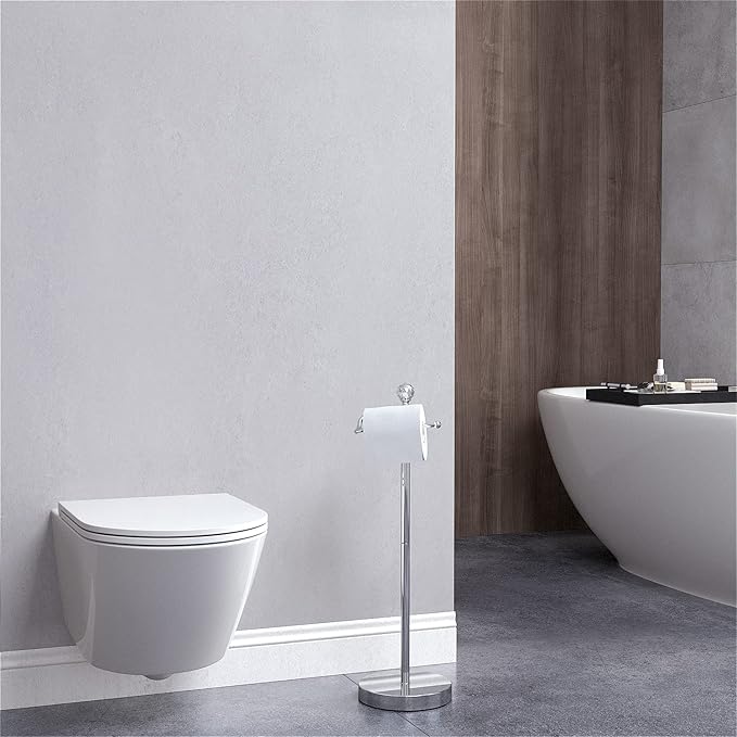 Toilet Paper Holder Stand (with Reserve Function) Free Standing Toilet Paper Holder for Bathroom Total Height 24.4" with Crystal Finial, Chrome Finish