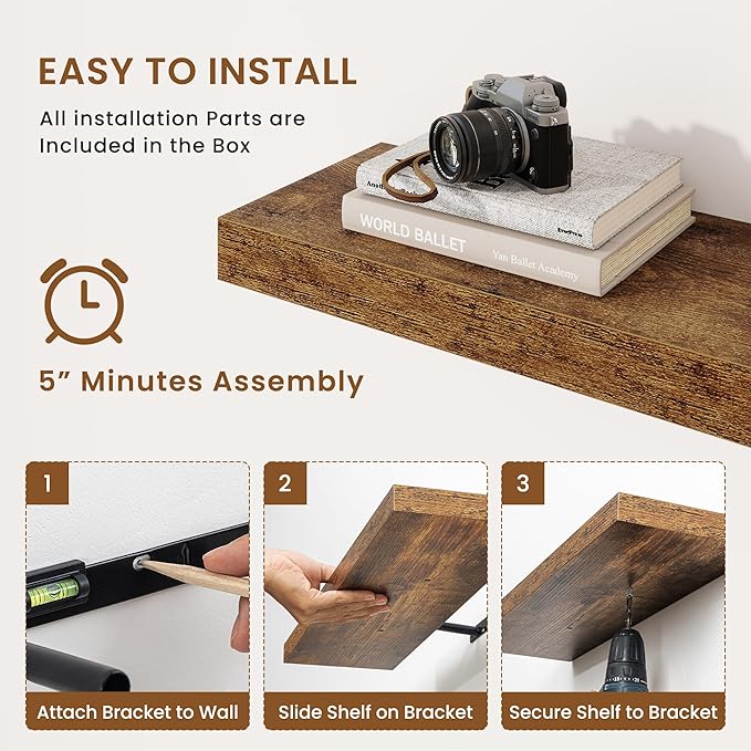 fuqing Floating Shelves for Wall, Wall Mounted Wood Floating Shelf with Invisible Brackets for Living Room, Bathroom, Bedroom, Kitchen Storage and Decor, 16 Inch Set of 2, Rustic Brown