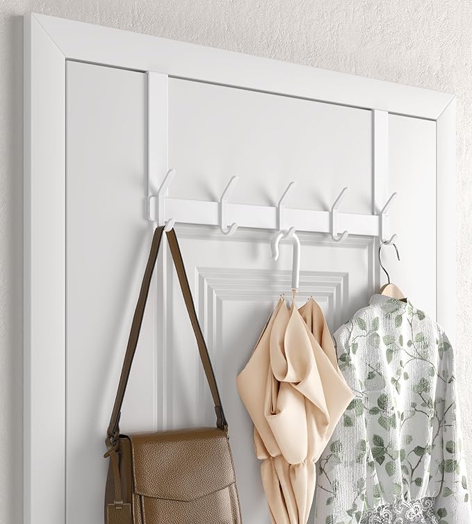 KitchLife Over The Door Hooks Hanger with 7 inches Extended Arms, Fit for 1-3/8" Doors, J18U, Bathroom Towel Rack Organization, Thickened 1 Pack Double-Hook, Glossy White