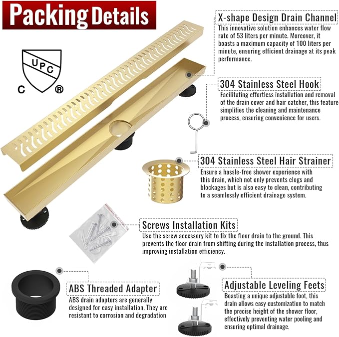 24 Inch Linear Shower Drain, Brushed Gold Shower Drain, Removable Grate, 304 Stainless Steel, Easy to Install and Clean for Bathrooms (Drain Base Not Included), LSD-51A-24G