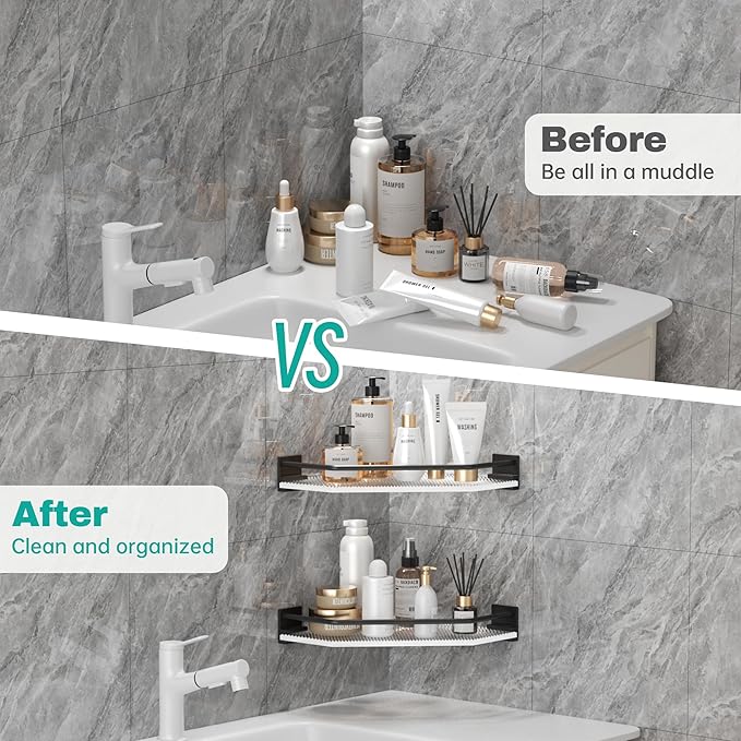 Acrylic Corner Bathroom Counter Organizer - 2 Tier Countertop Storage Shelves for Dresser, Kitchen, Laundry, Dorm Room (Black)