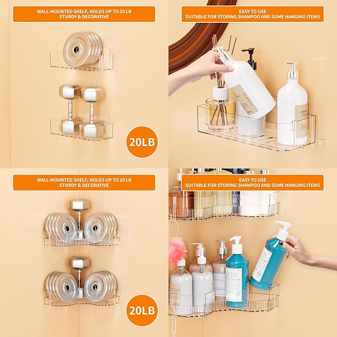 SuoXing 7 Pack Adhesive Corner Shower Caddies,100% Rustproof Acrylic Shower Shelves for Inside Shower,Large Capacity Plastic Wall Mounted Bathroom Shower Organizer with 8 Hooks,No Drilling,Clear