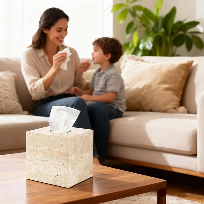 Natural Travertine Marble Tissue Box Holder Cover, Square Cube Tissue Box Holder with Open Bottom for Bathroom Vanity Tops, Bedroom Dressers, Kitchen Countertop, Travertine Beige(NS022)