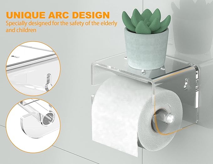 Adhesive Toilet Paper Holder with Shelf, Bathroom Toilet Paper Roll Stand, Wall Mounted Tissue Storage Holder, Acrylic Bathroom Accessories, with 3M Self Adhesive No Drilling (Clear)