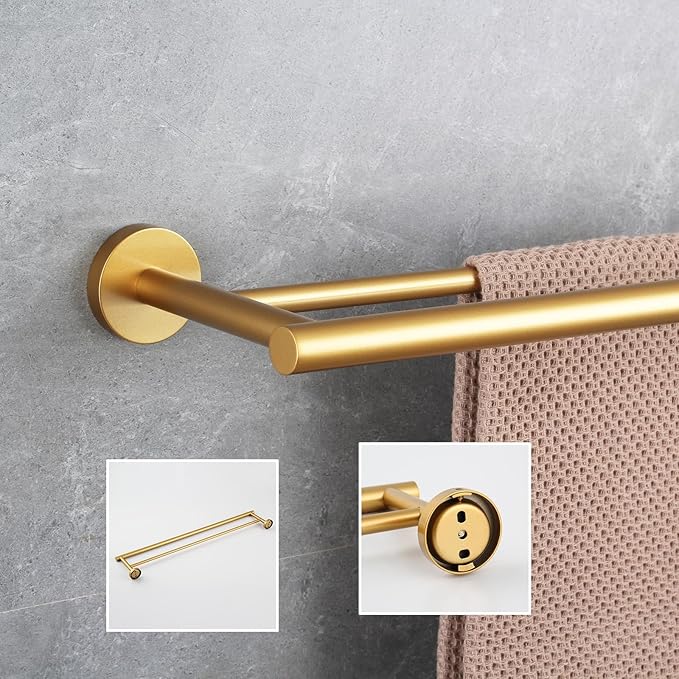 GERZWY Bathroom Double Towel Bar 24-Inch Gold Stainless Steel Modern Round Style Bath Hand Towel Rack Wall Mount