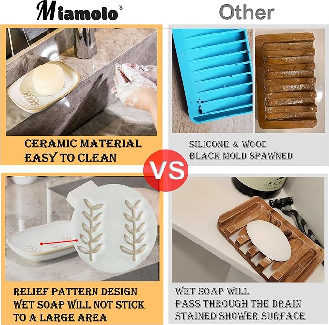 Soap Dish Bar Cleaner Dish for Shower, Ceramic Soap Dishes for Large Soap Bar Shampoo or Sponge, Shower Soap Dish Soap Saver Tray for Bathroom Kitchen Sink, Easy to Clean