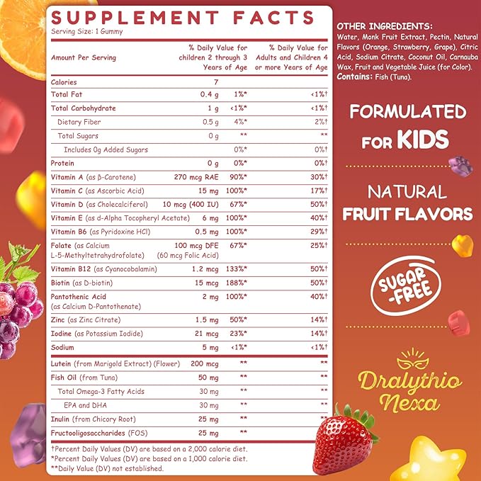Kids Multivitamin Gummies 180 Count - Eye, Brain & Gut Support - Sugar-Free Vitamins for Kids - with Lutein, Omega-3 DHA & Prebiotics - 3 Fruit Flavors - Ages 2+