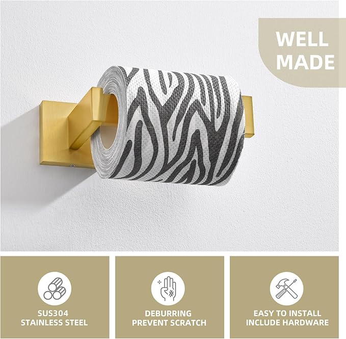 Toilet Paper Holder, Angle Simple SUS304 Stainless Steel Bathroom Tissue Holder, Open Arm Toilet Paper Roll Hanger Wall Mount, Brushed Dark Gold