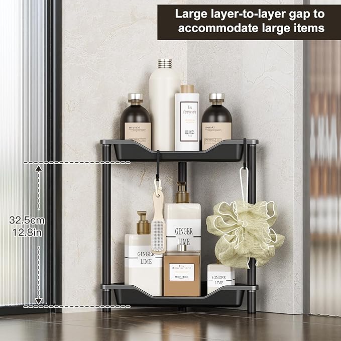 Orimade Rustproof 2 Tier Floor Standing Corner Shower Caddy Organizer, Plastic Metal Splicing Floor Corner Shelf Rack Stands for Bathroom, Black