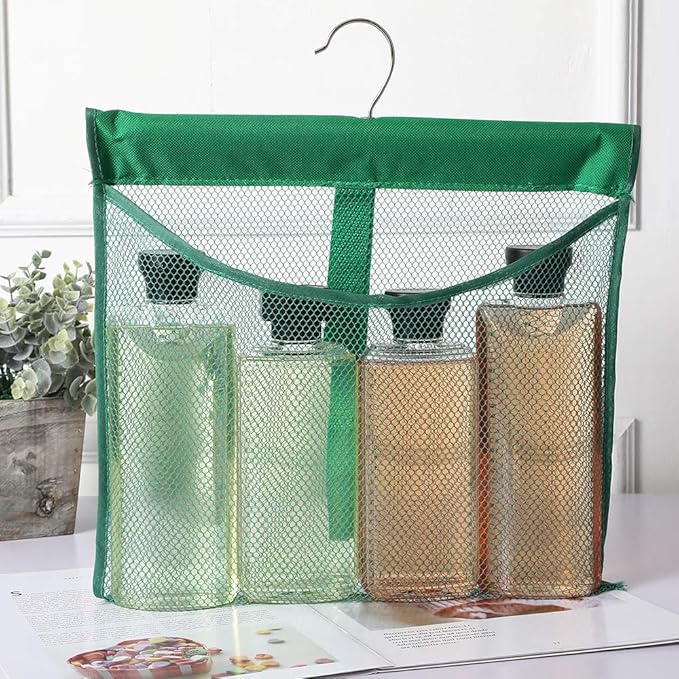 Portable Mesh Pocket with Rotatable Hanger, Quick Dry Serial Type Bath Storage Organizers for Travel, Camper, RV, Gym, Cruise, Cabin, College Dorm Shower(Green)