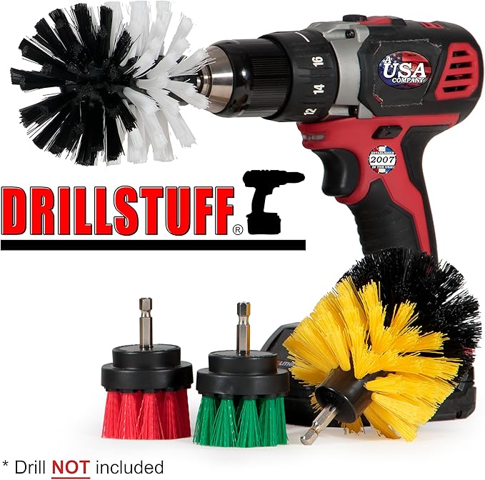 Cordless Drill Powered Scrub Brush Kit - Kitchen Cleaning Small Round Brush - Rotating Shower/Bathtub Brush - Automotive Detailing/Glass/Carpet Brush - Concrete/Deck Brush - Tile and Grout