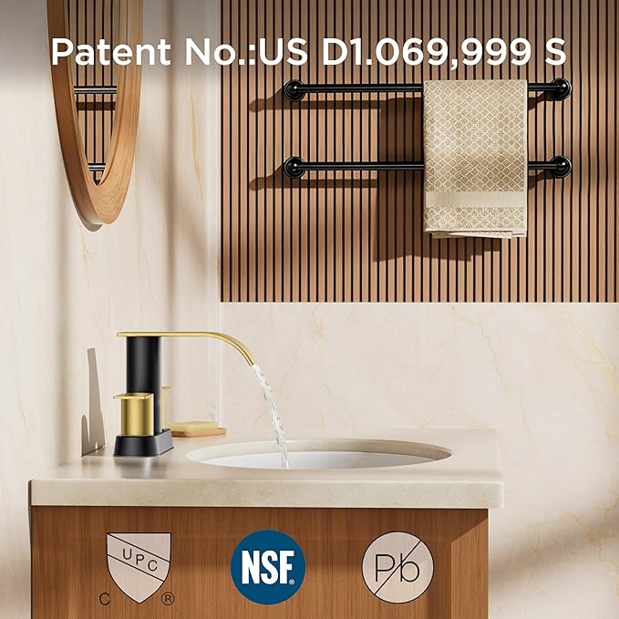 FORIOUS Black and Gold Bathroom Faucets, Waterfall 4 Inch Centerset Bathroom Sink Faucet with Metal Pop up Drain and cUPC Hose for Basin, Vanity, RV, Pedestal 2 or 3 Hole Sink