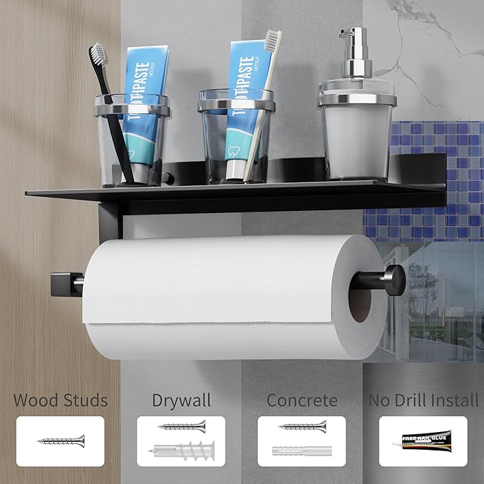 Danpoo Wall Mount Paper Towel Holder with Shelf for Bathroom/Kitchen, Adhesive Hand Towel Holder, Matte Black