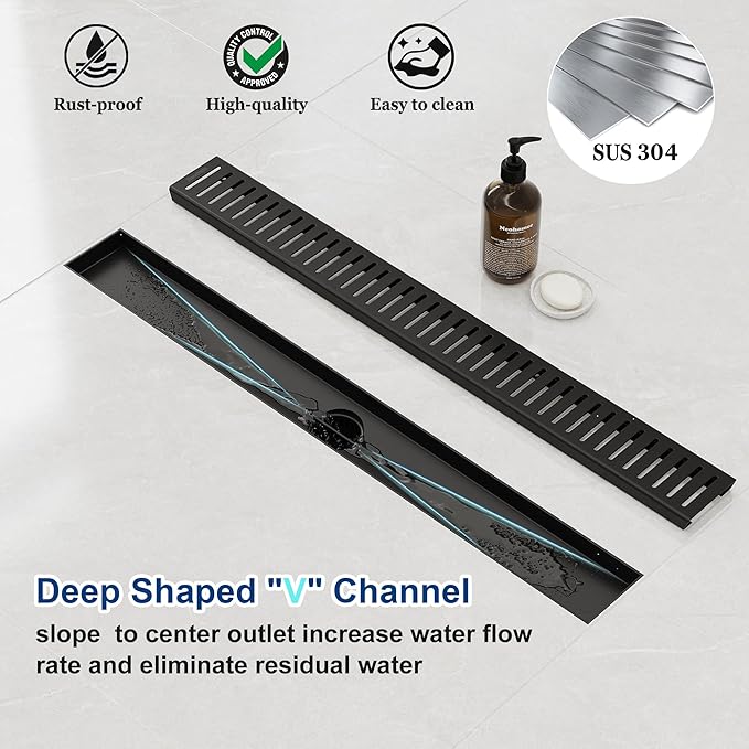 Neodrain 24" Matte Black Bathroom Linear Shower Drain with Removable Capsule Pattern Grate, 304 Stainless Steel Shower Floor Linear Drain- CUPC Certified with Hair Strainer