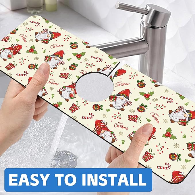 Christmas Santa Claus Kitchen Sink Splash Guard Mat Absorbent Fast Drying Mat Faucet Draining Mat Sink Splash Guard Behind Faucet Drip Catcher for Kitchen Bathroom 5.5"×15"