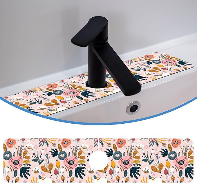 Flower Berrie Leave Faucet Mat for Kitchen Sink Floral Texture, Soft Diatom Mud Material, Strong Water Absorption, Non-slip, Easy to Clean for Bathroom, Kitchen 23.5"X5.5"