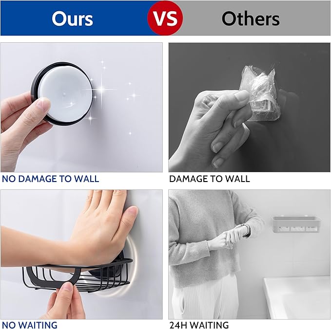 Soap Dish Bar Soap Holder Suction Cup with 4 Hooks, Stainless Steel Soap Saver Tray for Shower Wall, Bathroom, Kitchen, Rustproof Drill-Free Soap Bar Holder, Black