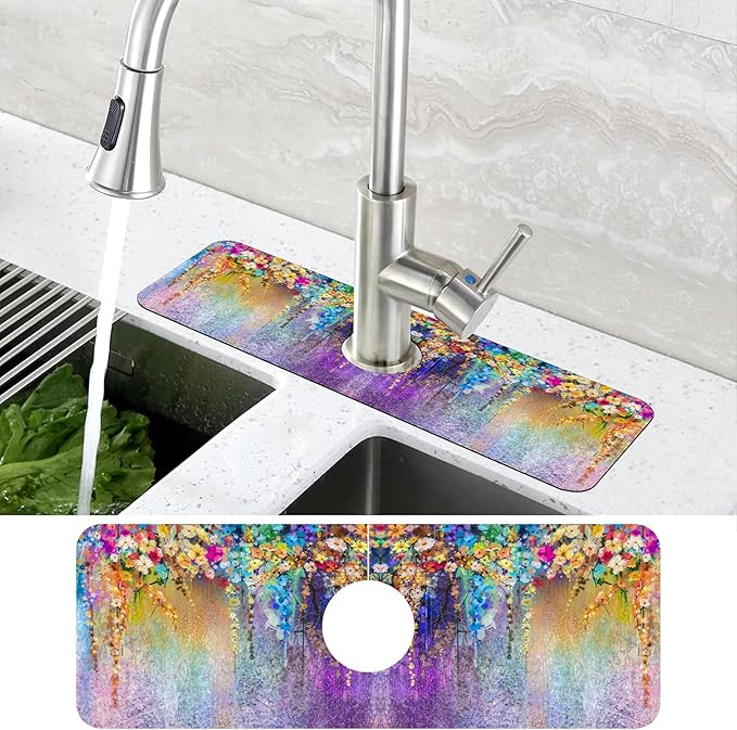 Abstract Watercolor Flowers Dish Drying Mat for Kitchen Sink Splash Guard Behind Faucet Sink Mat Absorbent Fast Drying Faucet Draining Mat for Bathroom Kitchen 5.5"×15"