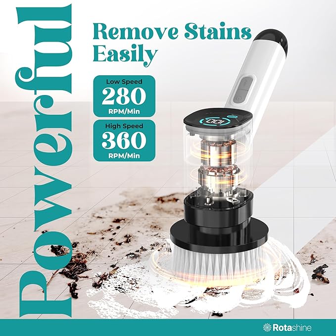 Electric Spin Scrubber - Electric Scrubber for Cleaning with 7 Replaceable Heads - Full-Body Waterproof Tub Scrubber with Long Handle - Electric Brush Cleaner for Bathroom