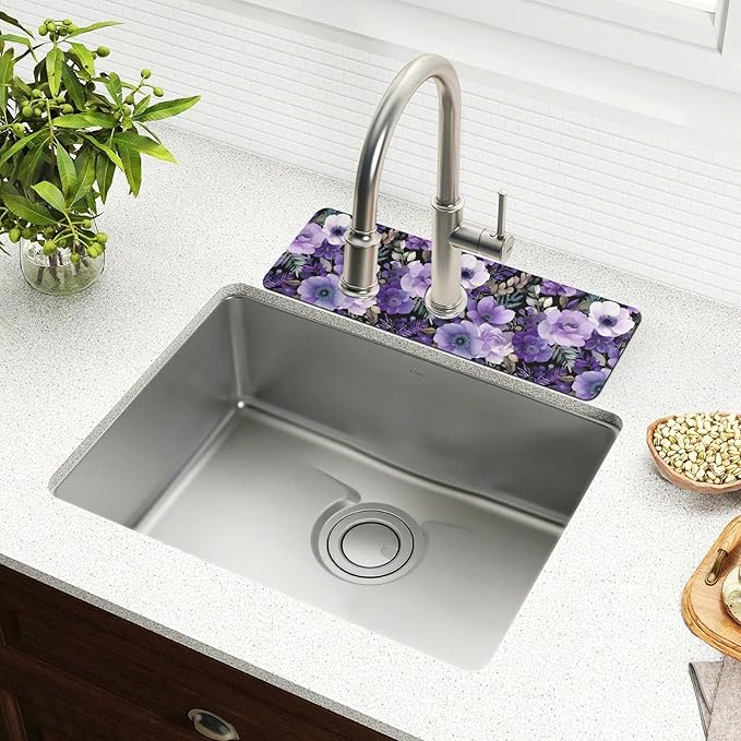 Purple Black Lotus Flower Kitchen Sink Splash Guard Sink Faucet Mat Faucet Handle Drip Catcher Drain Mats for Kitchen Bathroom Countertop Absorbent Dish Drying Pad 2Pack 30x5.4IN