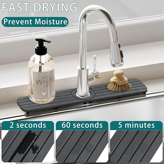 Faucet Mat for Kitchen Sink - 20 x 4inch Faucet Splash Guard for Bathroom Counter, Absorbent Diatomite Mat, Fast Drying Stone Sink Tray, Prevents Moisture Buildup, Dark Gray