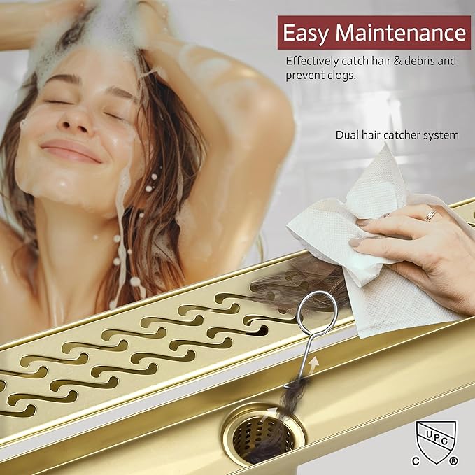 28 Inch Linear Shower Drain, Brushed Gold Shower Drain,Removable Grate, 304 Stainless Steel, Easy to Install and Clean for Bathrooms (Drain Base Not Included), LSD-08A-28G