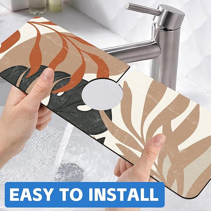 Mid Century Boho Leaves Kitchen Sink Splash Guard Absorbent Fast Drying Mat Faucet Draining Guard Behind Faucet Drip Catcher for Kitchen Bathroom 5.5"15"
