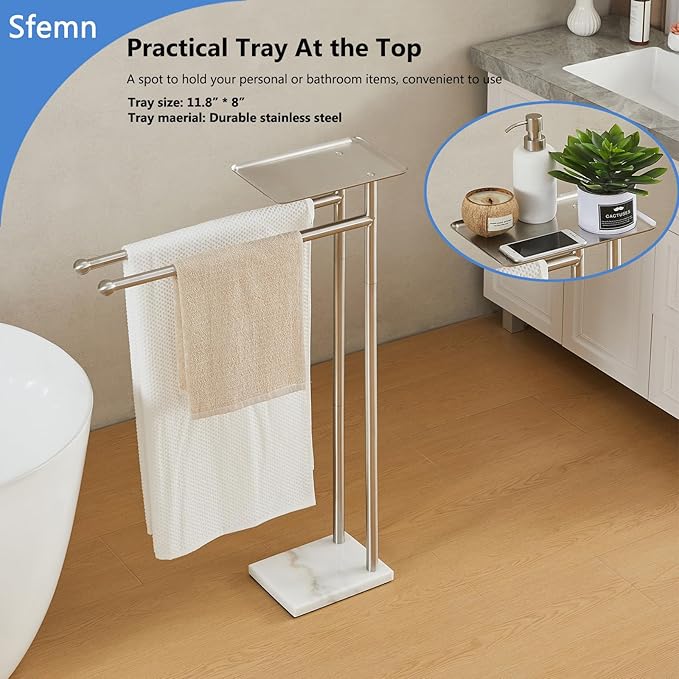 Standing Towel Rack with Weighted Marble Base, Towel Rack Stand with Shelf, 2-Tier Towel Racks for Bathroom, Multiple Spaces Stainless Steel Brushed Finish