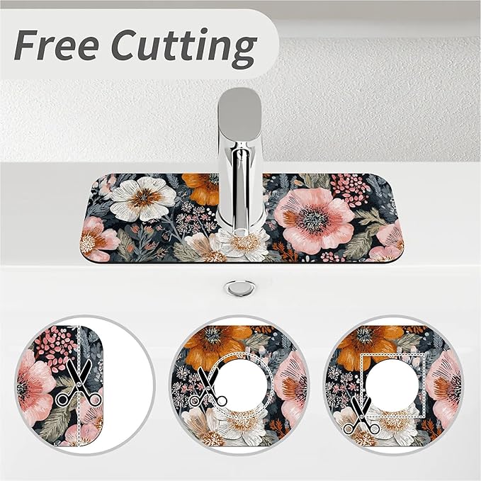 Kitchen Sink Splash Guard，Pink and orange flowers Faucet Mat Sink Gadgets-Super Absorbent Fast Drying Mat Drip Catcher for Kitchen, Bathroom,Sink Mat, Dish Drying Mat, Bathroom(15" X 5.5" )