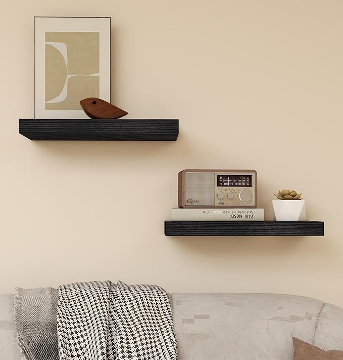 Vervida® Black Floating Shelves for Wall, Rustic Wood Wall Mounted Shelves with Invisible Brackets for Decor & Storage, Floating Shelf for Living Room, Bathroom (Set of 2)
