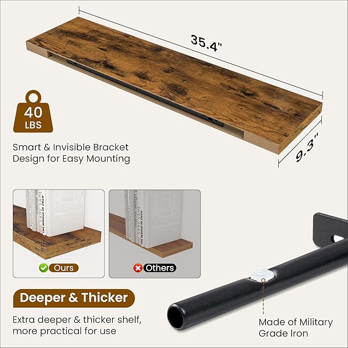 Fun Memories 36 Inch Floating Shelves, 9.3 Inch Deep Rustic Wall Shelves - Extra Deeper Wall Mounted Storage Shelves for Bathroom, Kitchen, Living Room (Brown, Set of 2)
