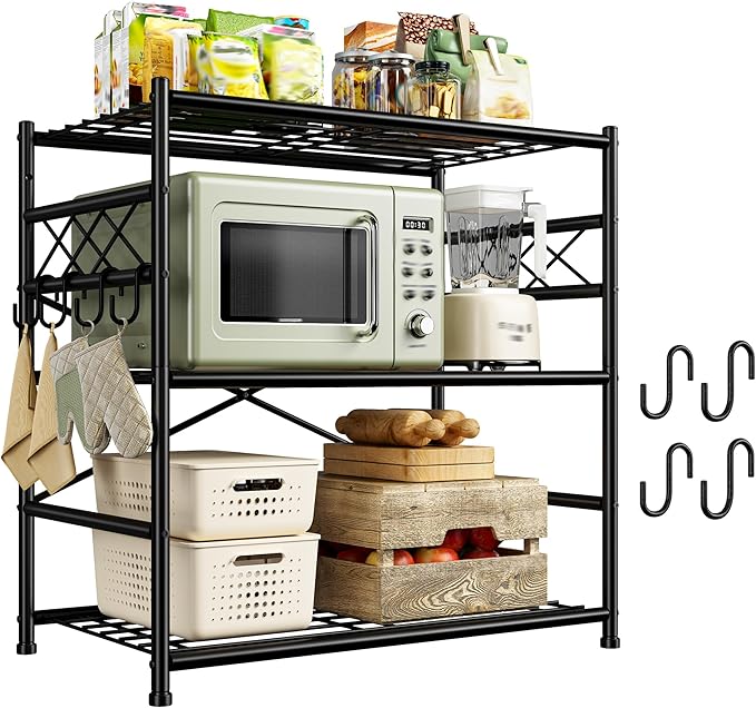 3Tier Storage Shelves Metal Shelving Unit Organizer,Adjustable Wire Shelving Rack Pantry Kitchen with Hooks,264 LBS Shelves for Laundry,Office and Bathroom Closet 23.6" W x 13.8" D x 30.9" H